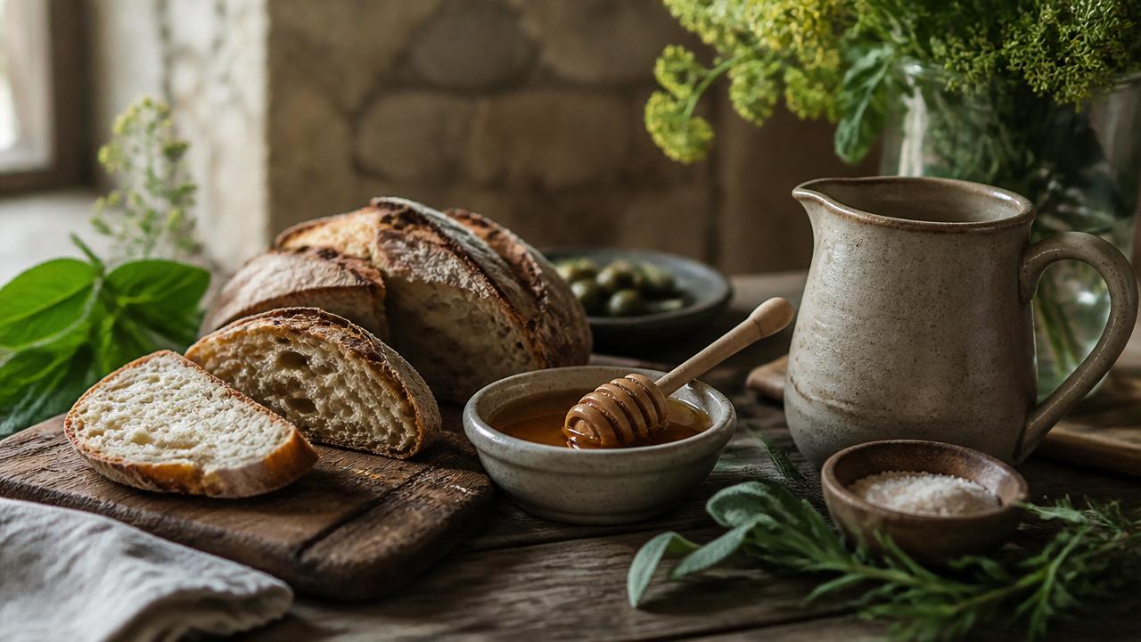 Artisanal bread, honey, and ceramics on a rustic table