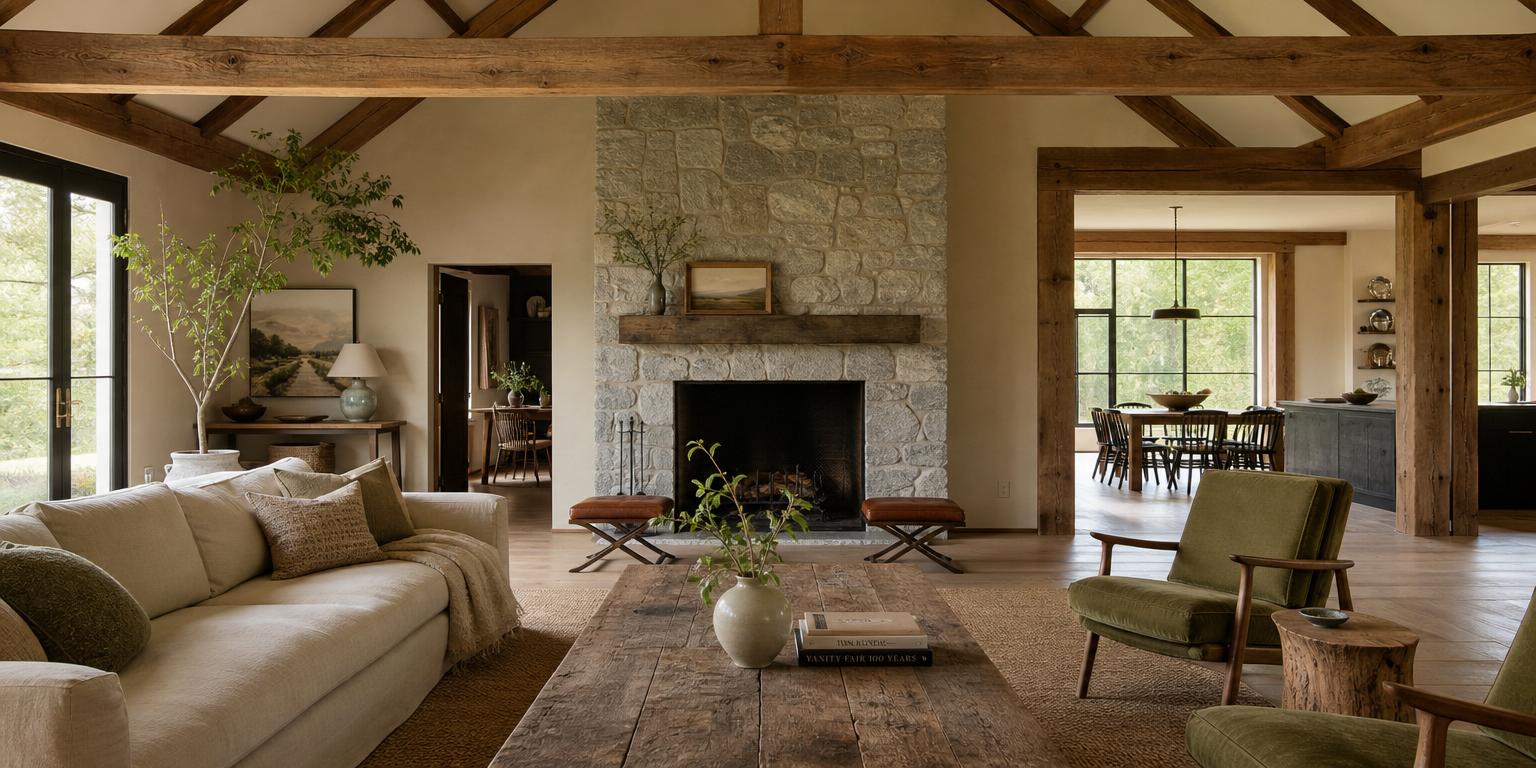 Editorial-quality Catskills interior with exposed beams, stone fireplace, and curated modern-rustic furnishings